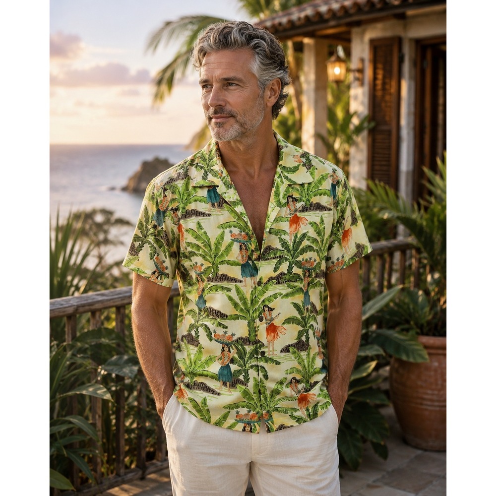 Tommy Bahama Mens Small Silk Hawaiian Shirt Hula Girl Tropical Button Up #1120
